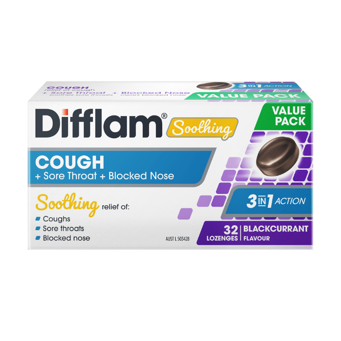 Difflam Soothing Cough + Sore Throat + Blocked Nose Blackcurrant Flavour 32 Lozenges