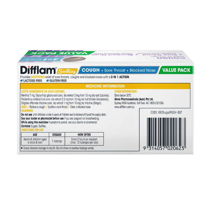 Difflam Soothing Cough + Sore Throat + Blocked Nose Blackcurrant Flavour 32 Lozenges