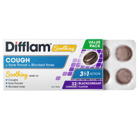 Difflam Soothing Cough + Sore Throat + Blocked Nose Blackcurrant Flavour 32 Lozenges