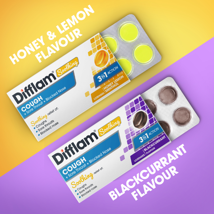 Difflam Soothing Cough + Sore Throat + Blocked Nose Blackcurrant Flavour 32 Lozenges