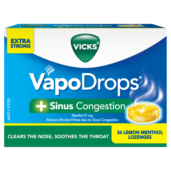 Vicks VapoDrops + Sinus Congestion Lemon Menthol 36 Lozenges