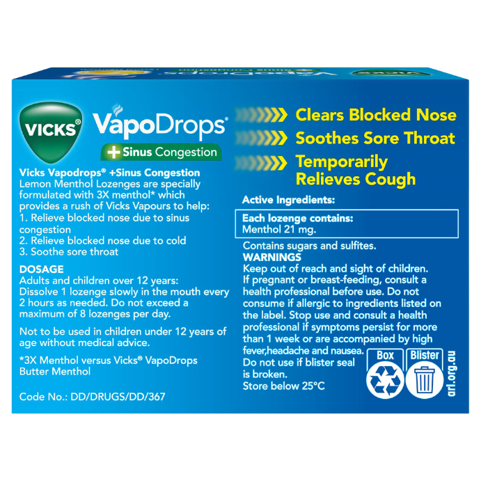 Vicks VapoDrops + Sinus Congestion Lemon Menthol 36 Lozenges