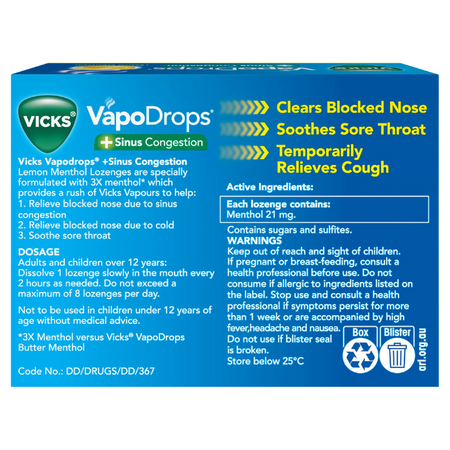 Vicks VapoDrops + Sinus Congestion Lemon Menthol 36 Lozenges