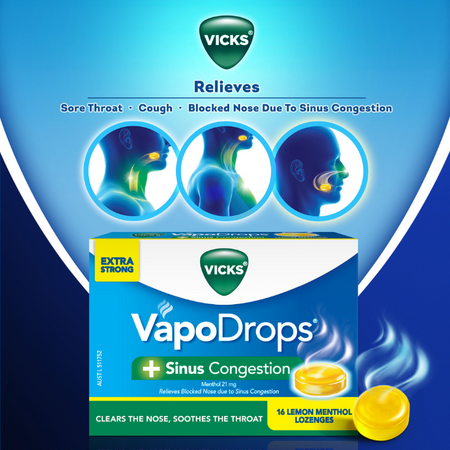 Vicks VapoDrops + Sinus Congestion Lemon Menthol 36 Lozenges