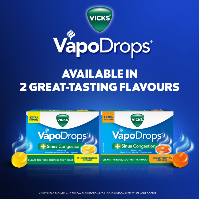 Vicks VapoDrops + Sinus Congestion Lemon Menthol 36 Lozenges