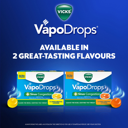 Vicks VapoDrops + Sinus Congestion Lemon Menthol 36 Lozenges