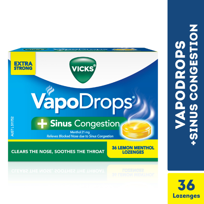 Vicks VapoDrops + Sinus Congestion Lemon Menthol 36 Lozenges