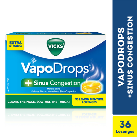 Vicks VapoDrops + Sinus Congestion Lemon Menthol 36 Lozenges