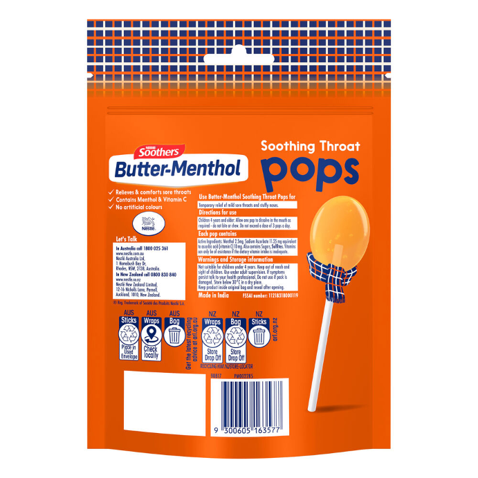 Soothers Butter Menthol Confectionery Soothing Throat Pops 40g
