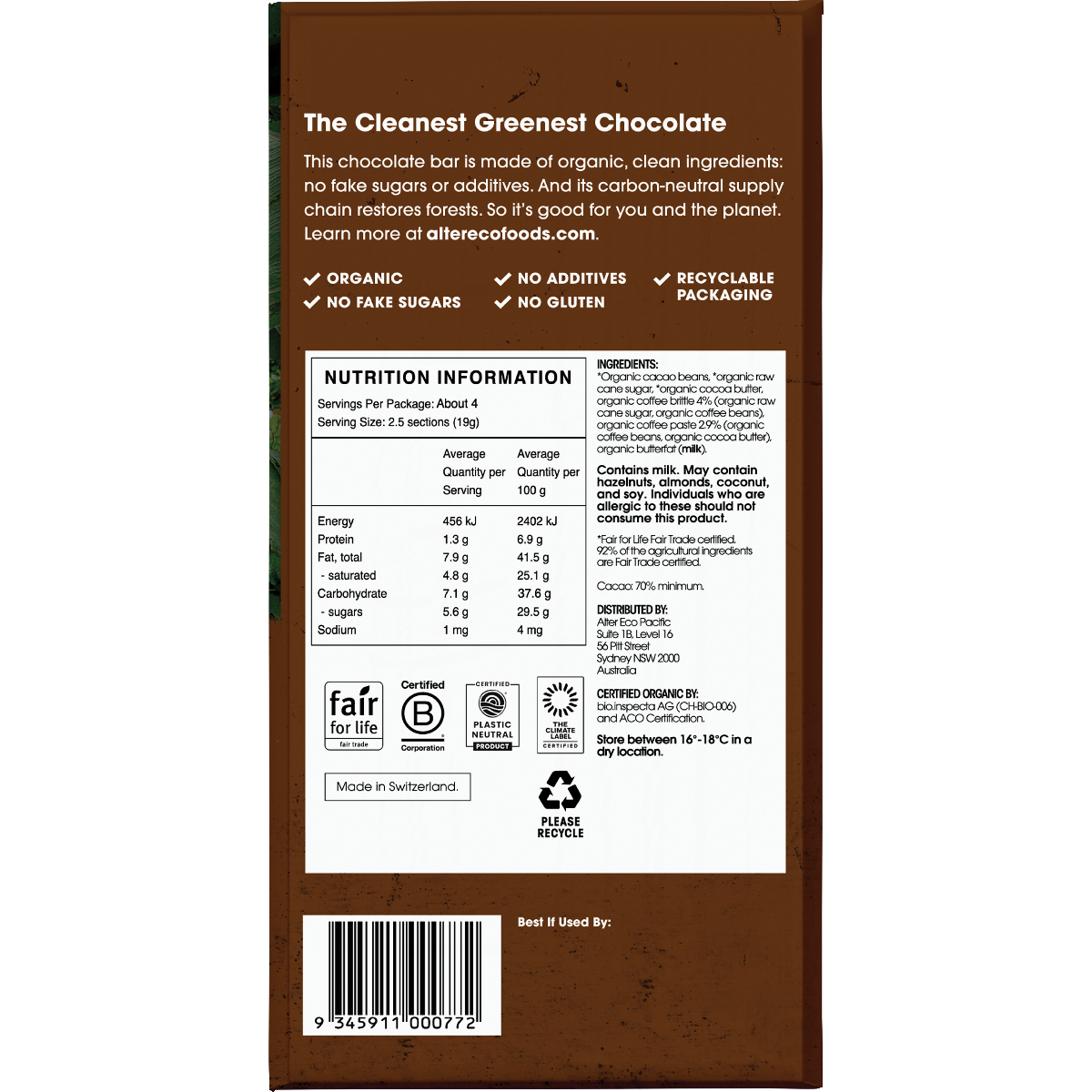 Alter Eco Chocolate Bar Coffee Brittle 70% 75g x 12 Pack