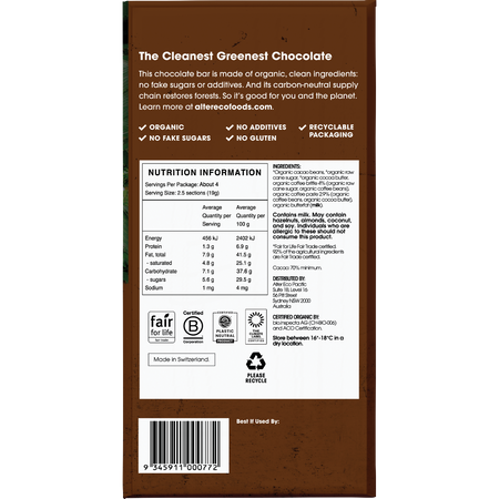 Alter Eco Chocolate Bar Coffee Brittle 70% 75g x 12 Pack