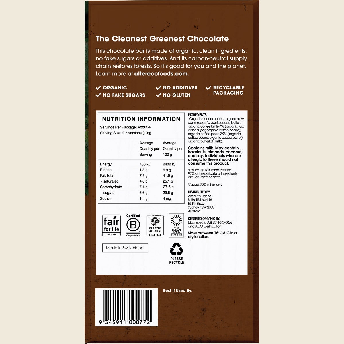 Alter Eco Chocolate Bar Coffee Brittle 70% 12x75g