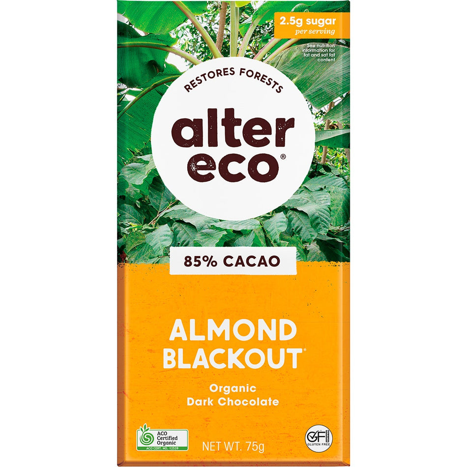Alter Eco Chocolate Organic Dark Almonds Blackout 75g (Pack of 12)