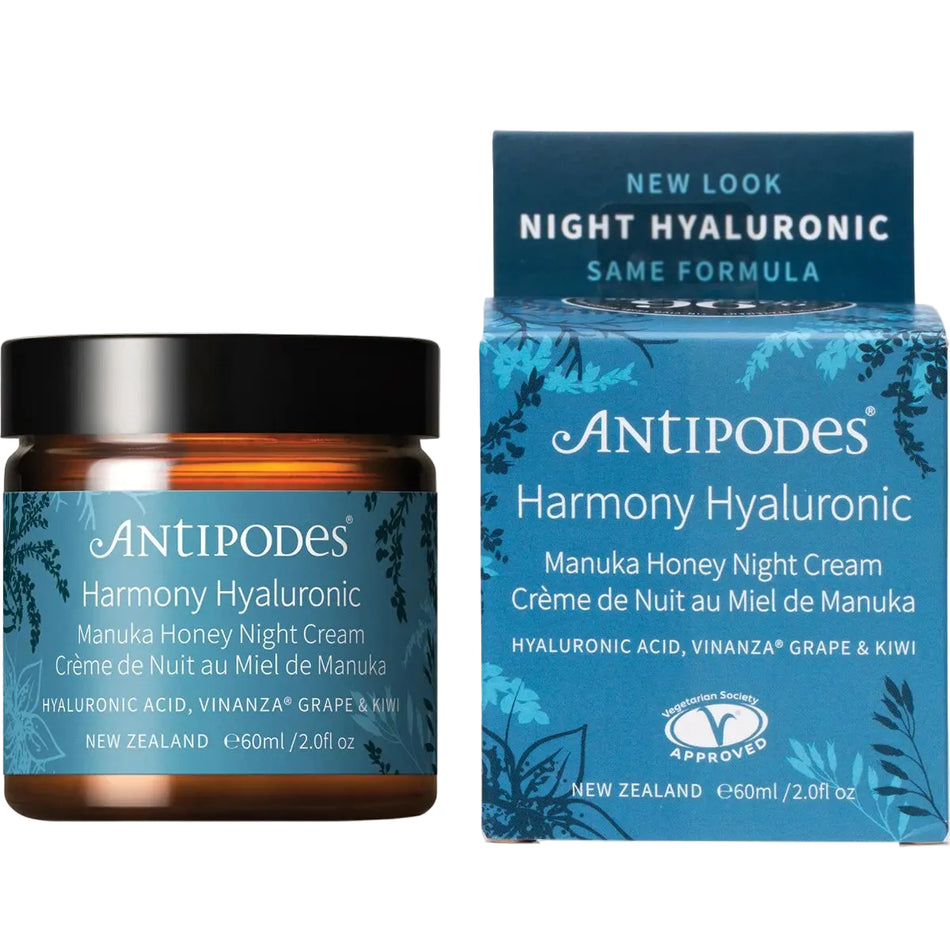 Antipodes Harmony Hyaluronic Manuka Honey Night Cream jar and packaging on a beige background