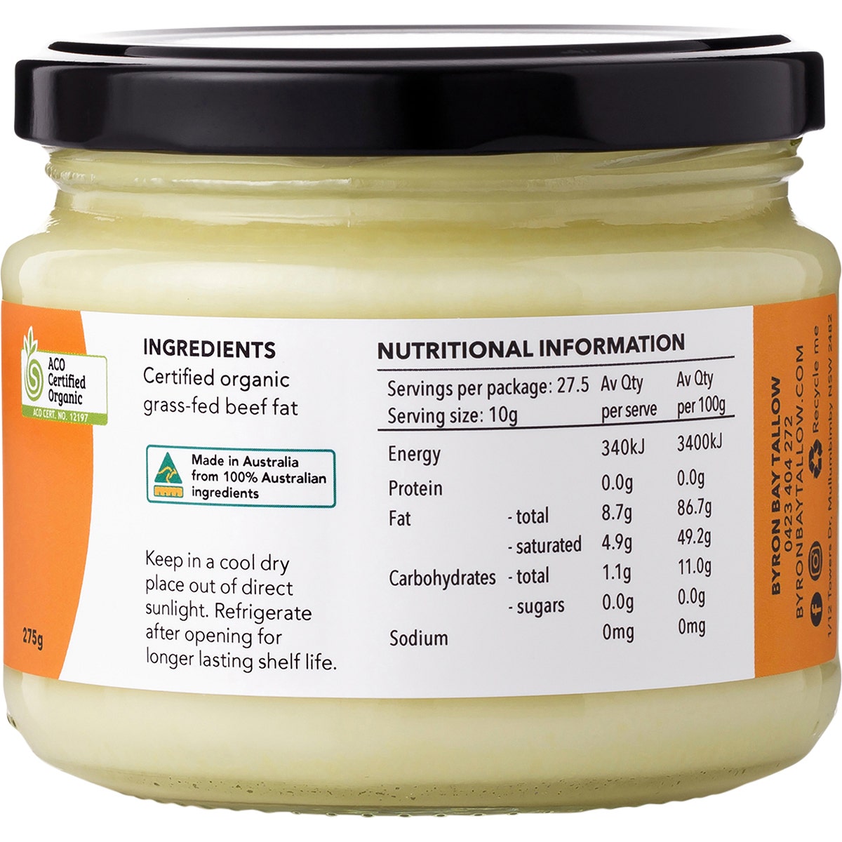 Byron Bay Tallow Organic Grass Fed Beef Tallow 275g