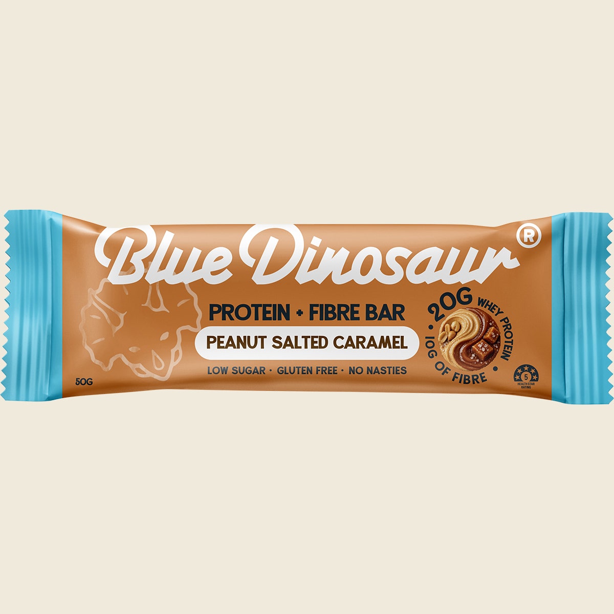 Blue Dinosaur Protein + Fibre Bar Peanut Salted Caramel 12x50g