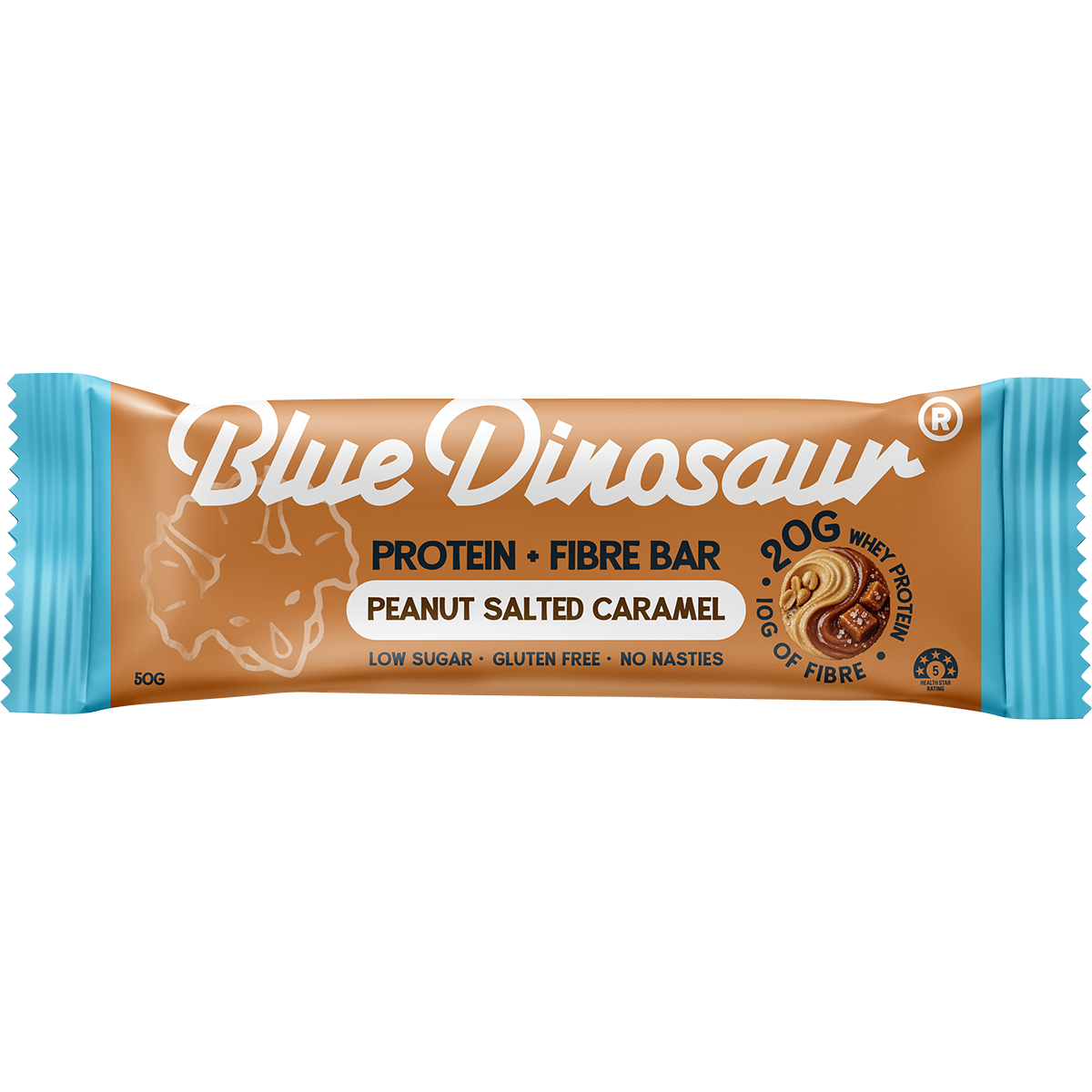 Blue Dinosaur Protein + Fibre Bar Peanut Salted Caramel 12x50g
