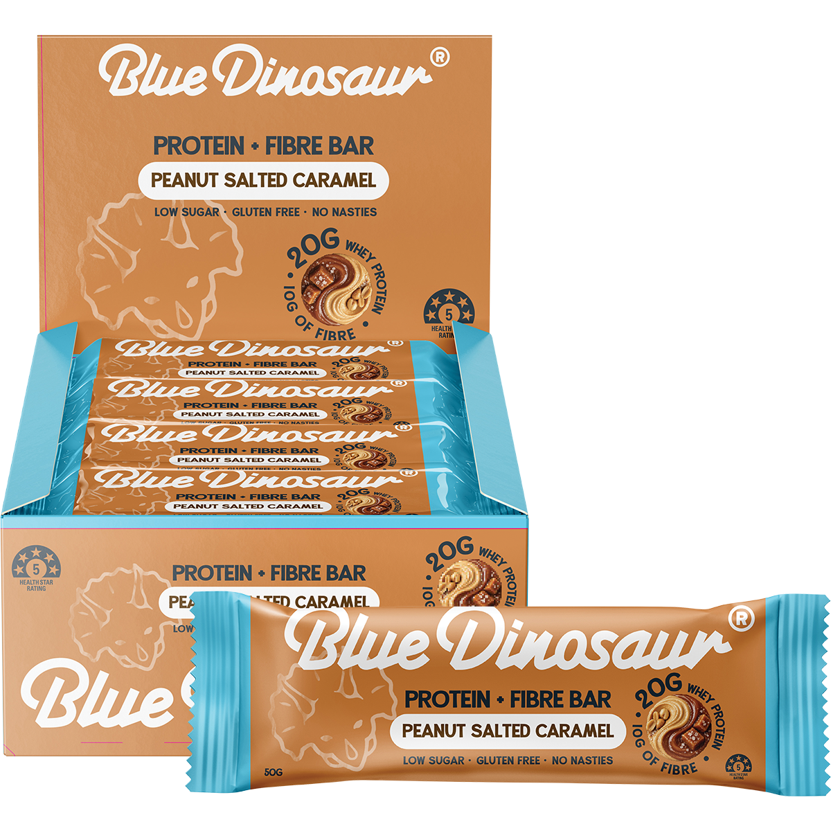 Blue Dinosaur Protein + Fibre Bar Peanut Salted Caramel 12x50g