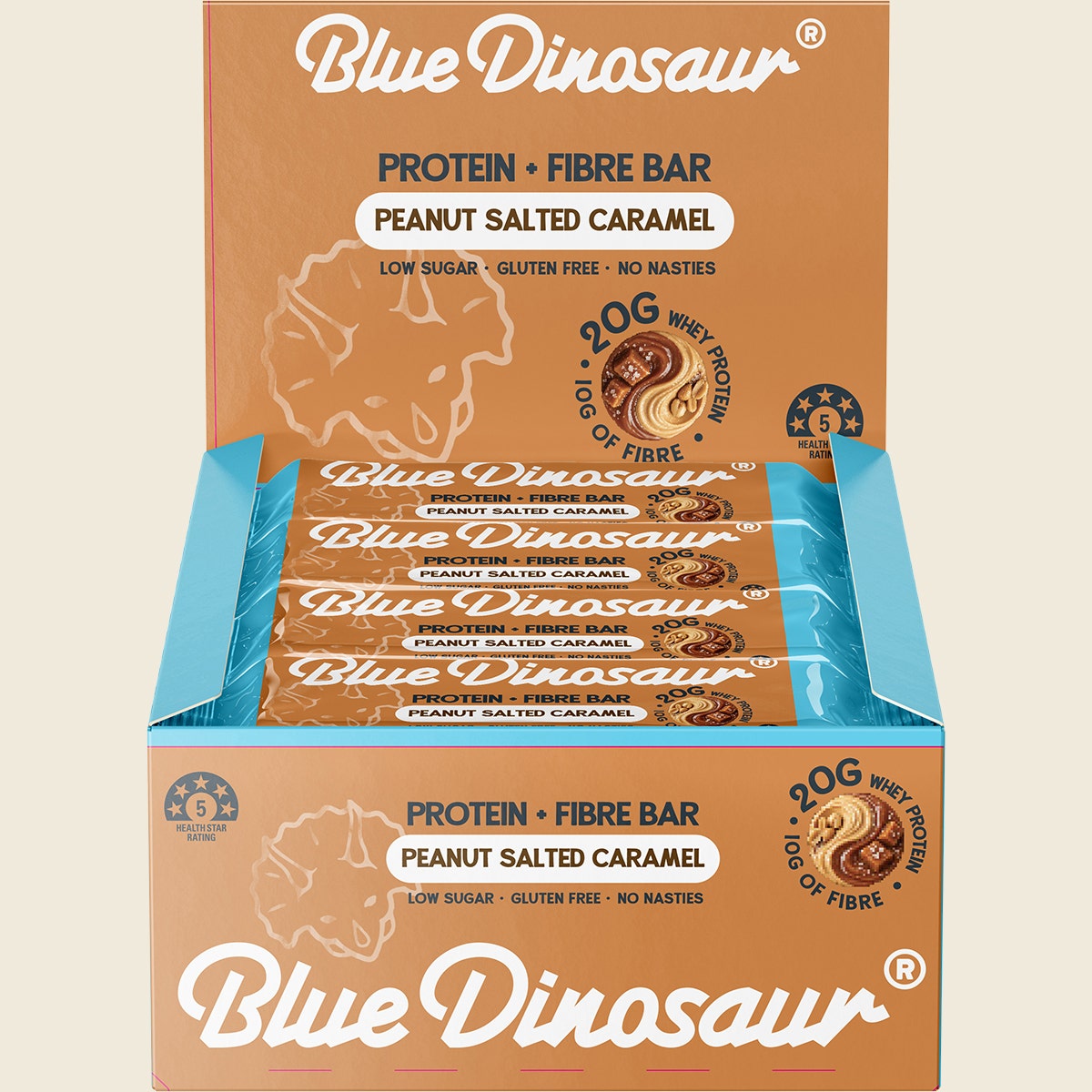 Blue Dinosaur Protein + Fibre Bar Peanut Salted Caramel 12x50g