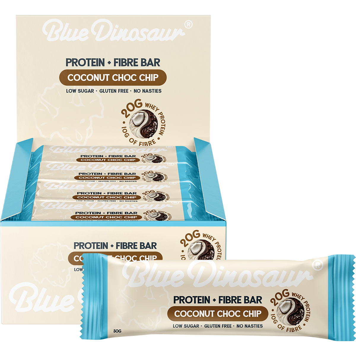 Blue Dinosaur Protein + Fibre Bar Coconut Choc Chip 12x50g