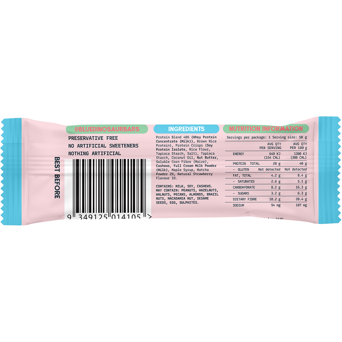 Blue Dinosaur Protein + Fibre Bar Strawberry Matcha 12x50g