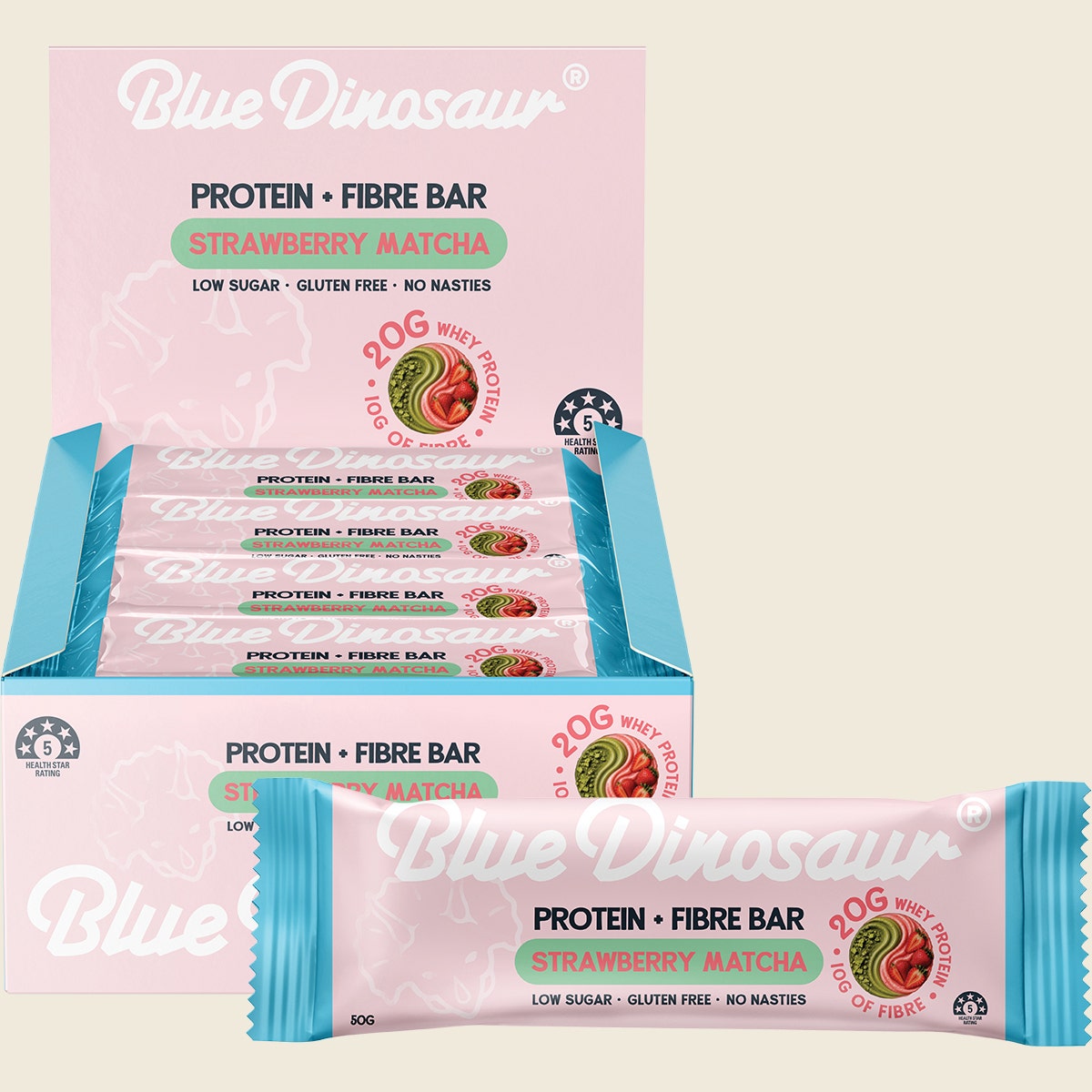 Blue Dinosaur Protein + Fibre Bar Strawberry Matcha 12x50g