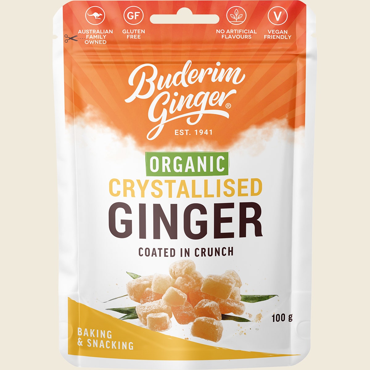 Buderim Ginger Organic Crystallised Ginger Coated in Crunch 100g
