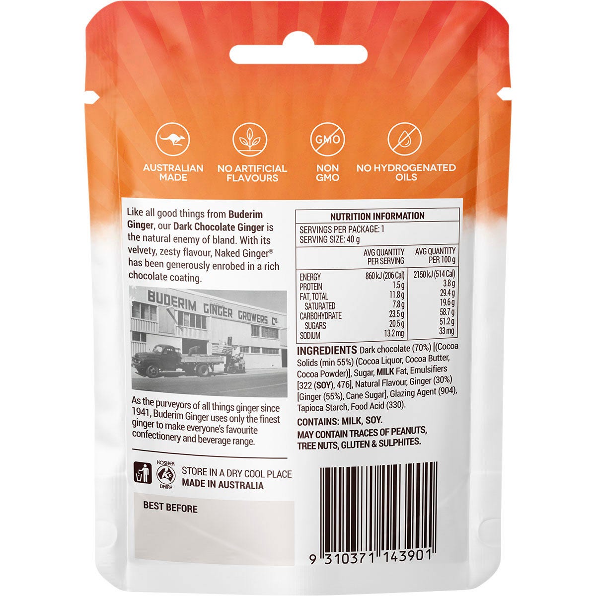 Buderim Ginger Dark Chocolate Ginger Zesty and Rich 12x40g