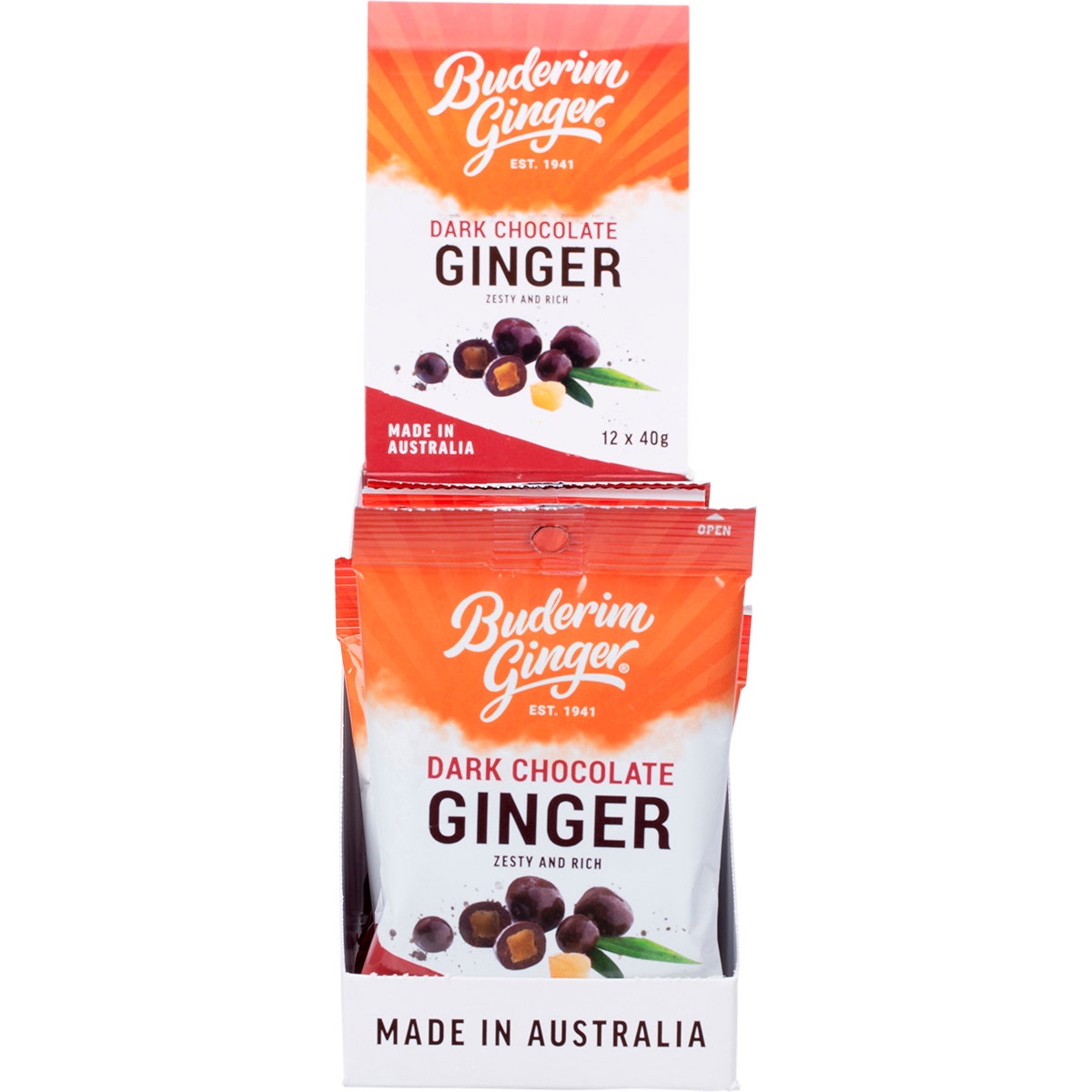 Buderim Ginger Dark Chocolate Ginger Zesty and Rich 12x40g