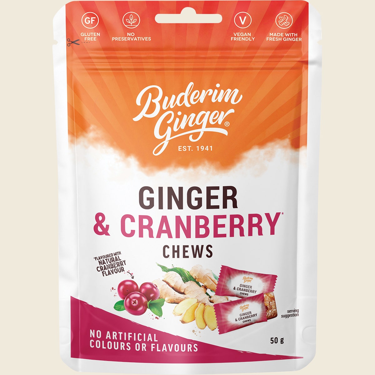 Buderim Ginger Ginger & Cranberry Chews 12x50g