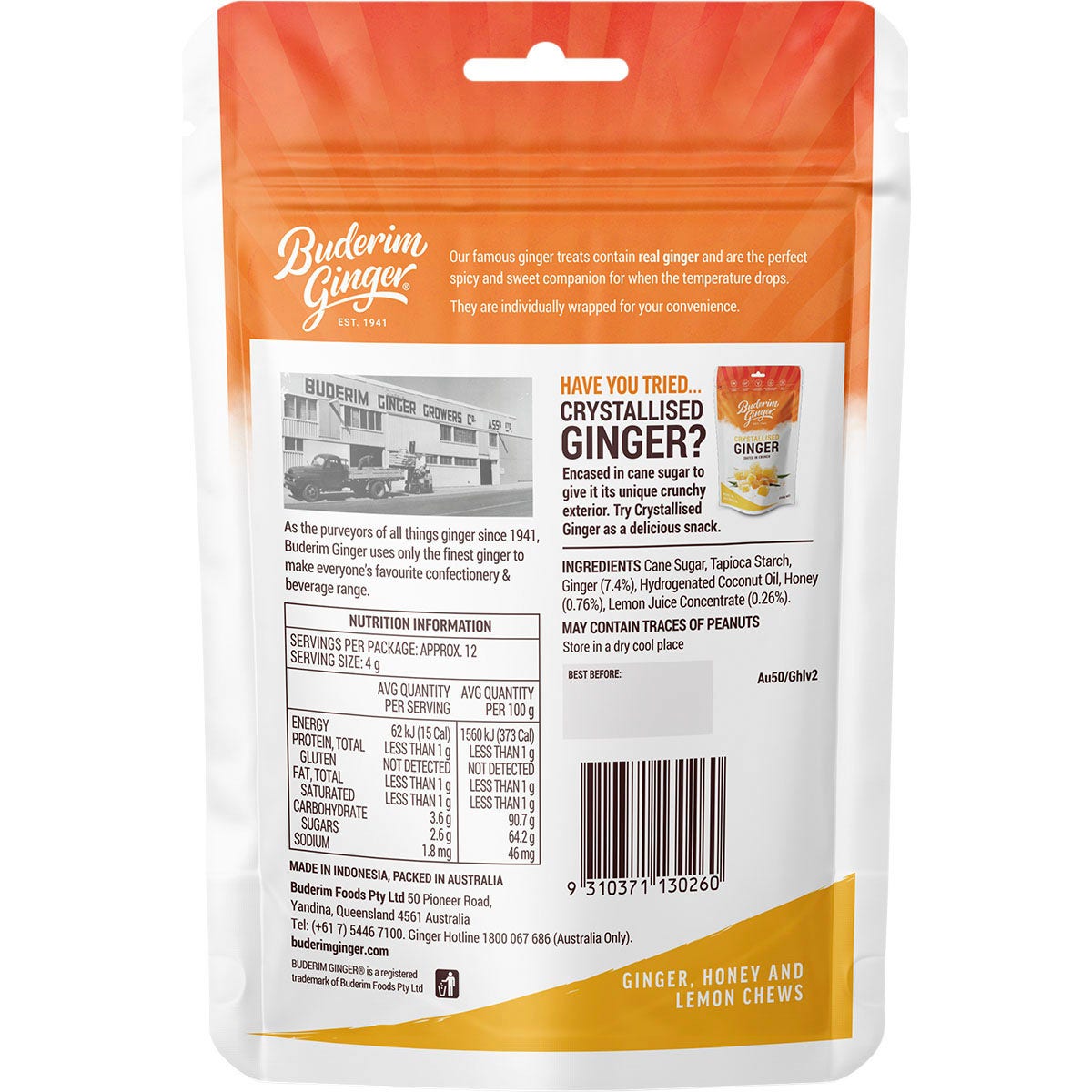 Buderim Ginger Ginger Honey & Lemon Chews 50g