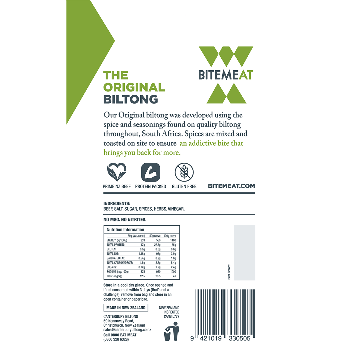 BiteMeat Grass Fed Biltong Original 10x50g