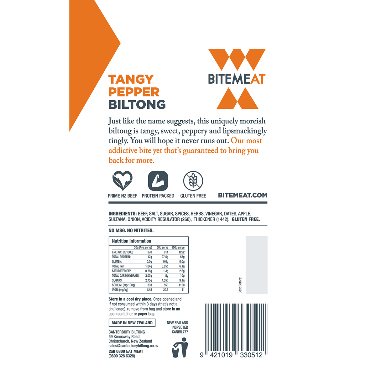 BiteMeat Grass Fed Biltong Tangy Pepper 10x50g