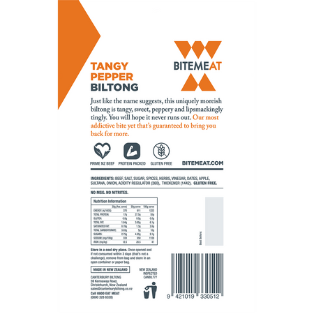BiteMeat Grass Fed Biltong Tangy Pepper 10x50g