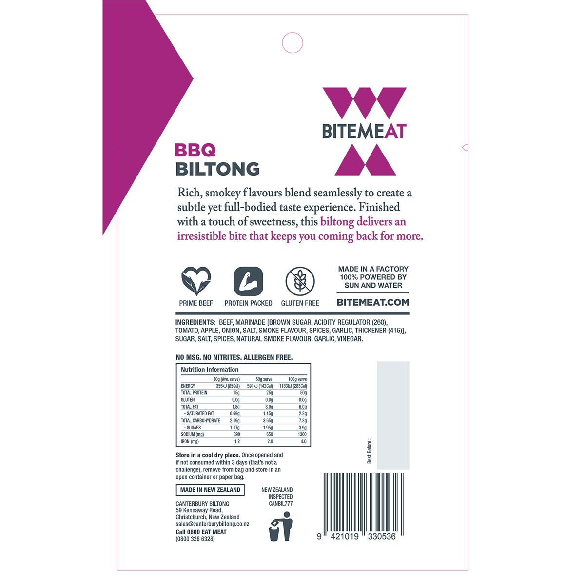 BiteMeat Grass Fed Biltong BBQ 10x50g
