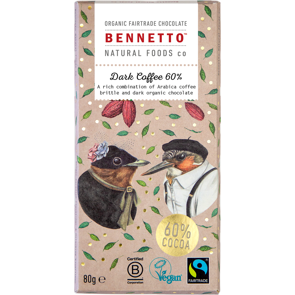 Bennetto Organic Dark Chocolate 60% Dark Coffee 80g x 12 Pack