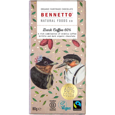 Bennetto Organic Dark Chocolate 60% Dark Coffee 80g x 12 Pack