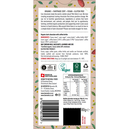 Bennetto Organic Dark Chocolate 60% Dark Coffee 80g x 12 Pack