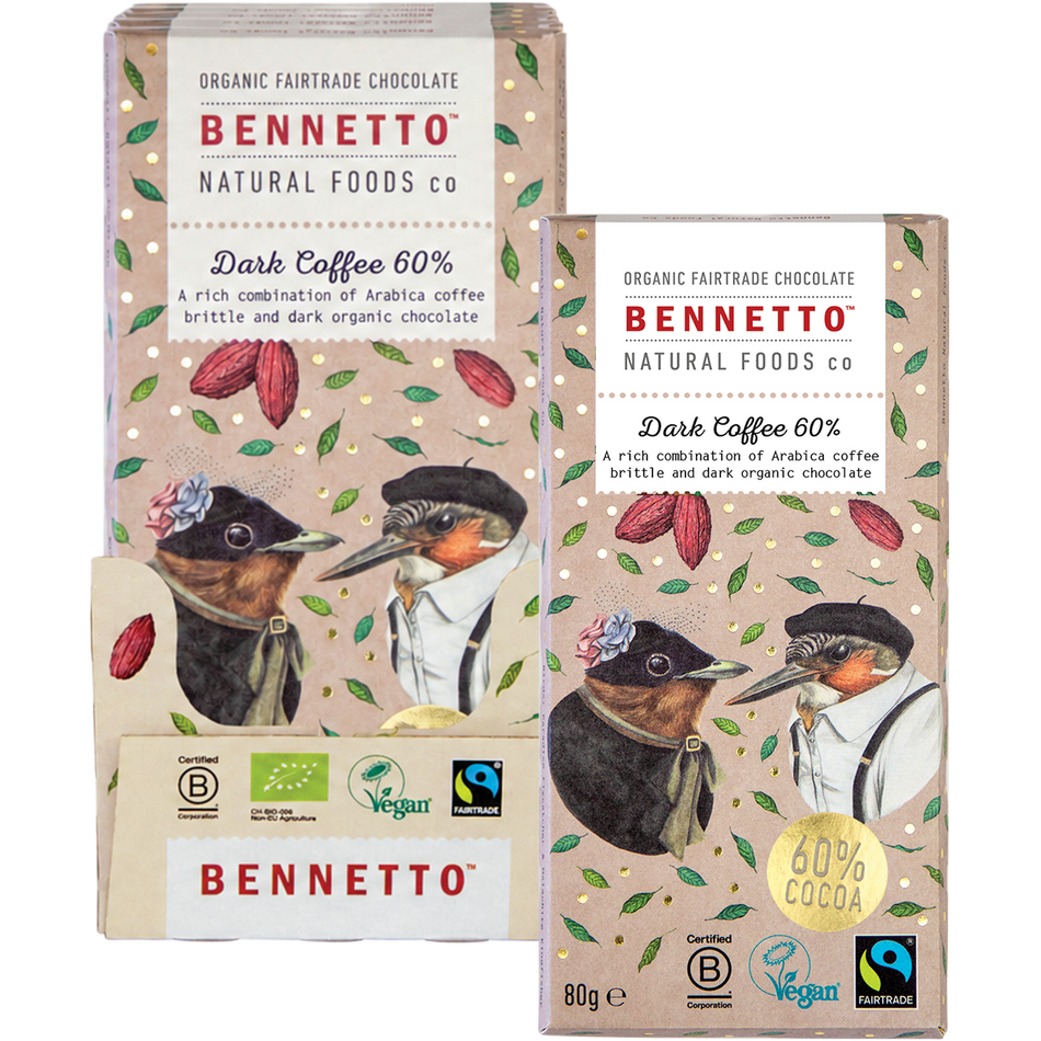 Bennetto Organic Dark Chocolate 60% Dark Coffee 80g x 12 Pack
