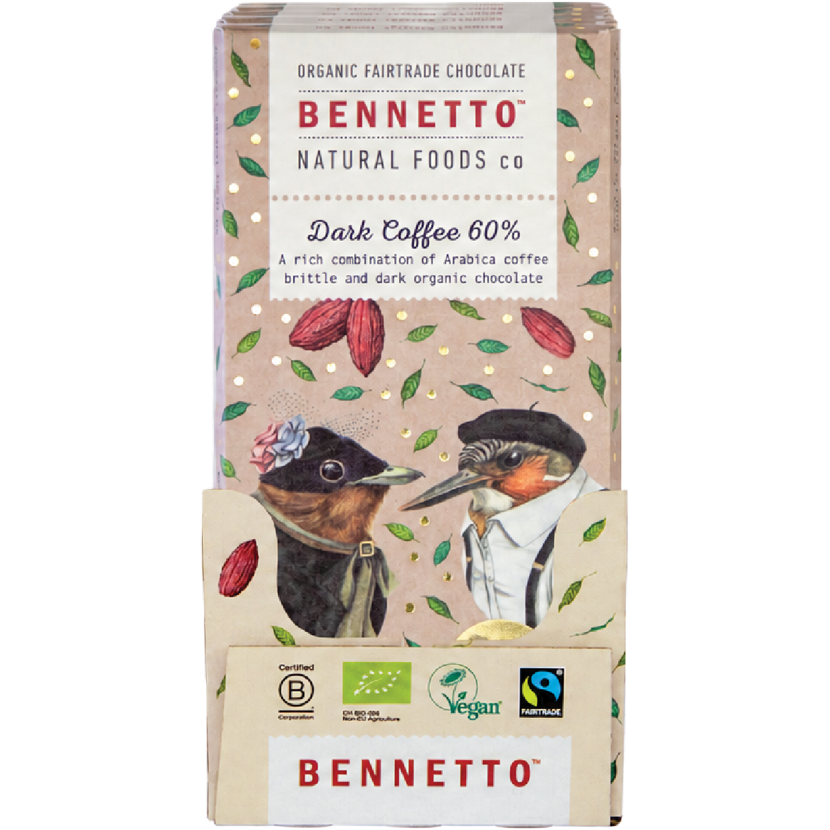 Bennetto Organic Dark Chocolate 60% Dark Coffee 80g x 12 Pack