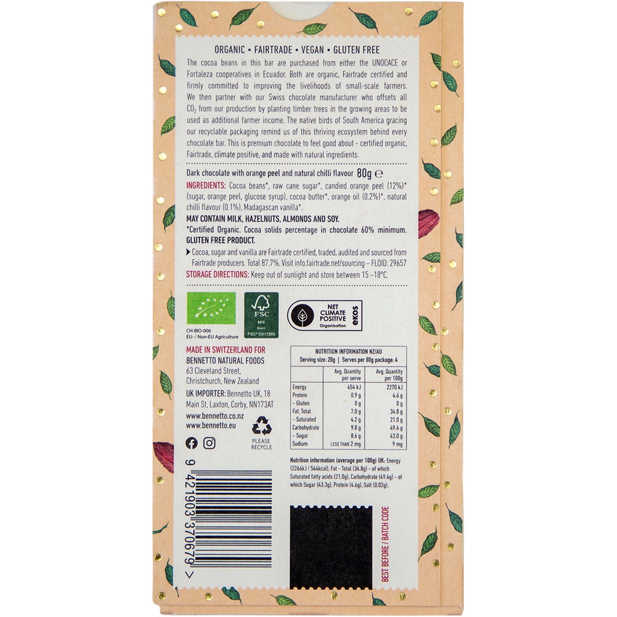 Bennetto Organic Dark Chocolate Orange With Chilli 12x80g