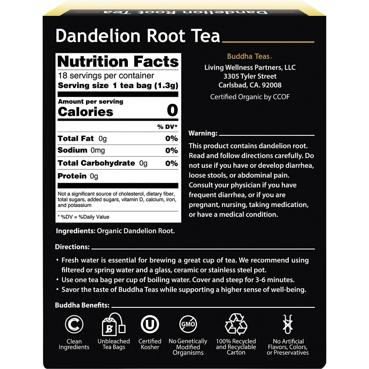 BUDDHA TEAS Organic Herbal Tea Bags Dandelion Root Tea 18pk