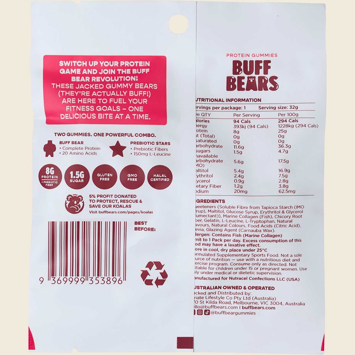 Buff Bears Protein Gummies Pink Lemonade 12x32g