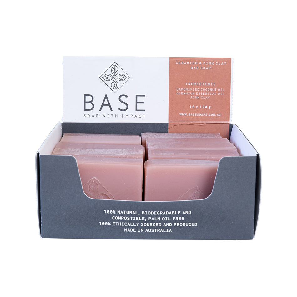 Base Soap With Impact Soap Bar Geranium & Pink Clay Raw Bar 120g x 10 Pack