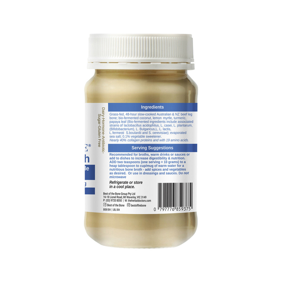 Best of the Bone Bone Broth Beef Concentrate Probiotic Bio-fermented Coconut Lemon Myrtle Turmeric Papaya Leaf 390g