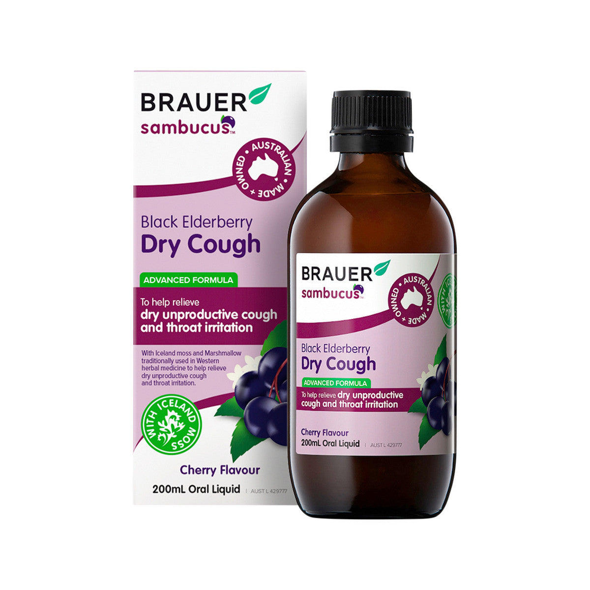 Brauer Sambucus Black Elderberry Dry Cough Advanced Formula Cherry Flavour Oral Liquid 200ml