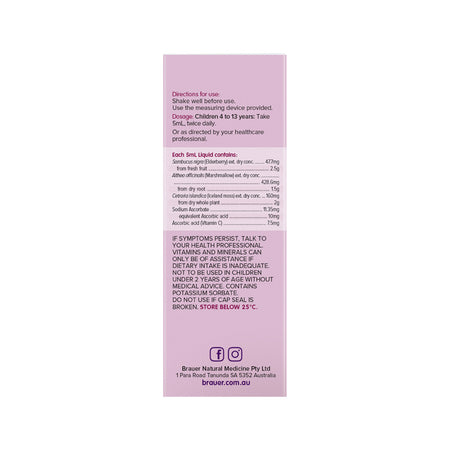 Brauer Sambucus Black Elderberry Kids Dry Cough Strawberry Flavour Oral Liquid 100ml