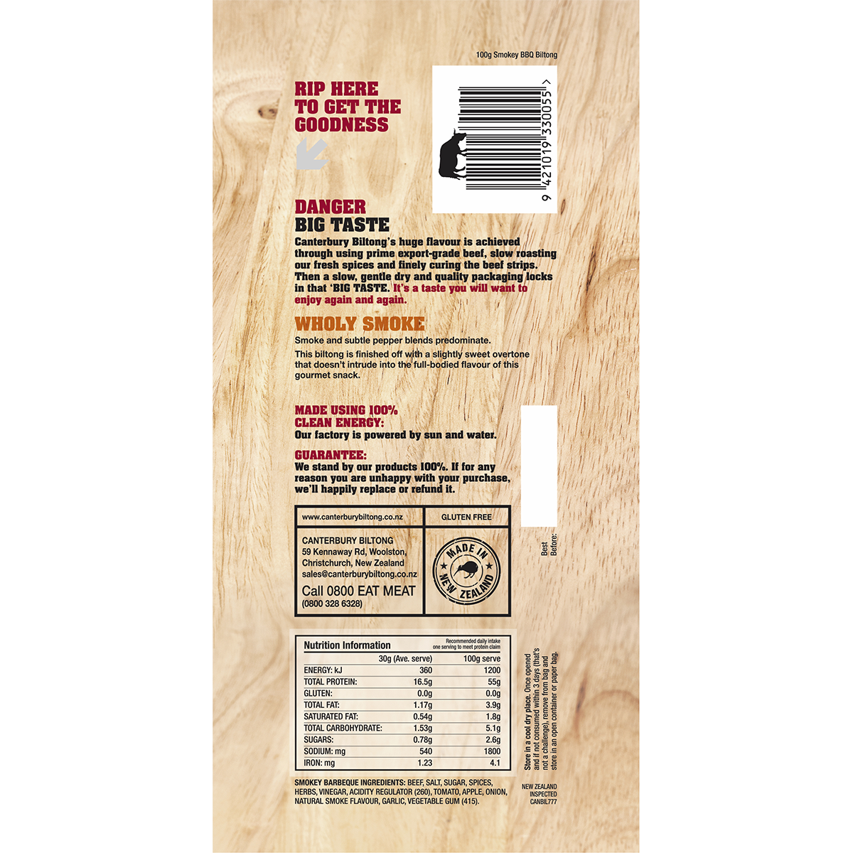 Canterbury Biltong Grass Fed Smokey Barbeque 10x100g