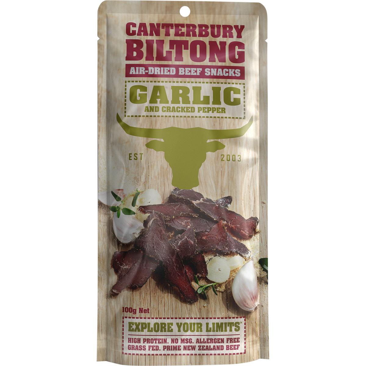 Canterbury Biltong Grass Fed Garlic & Cracked Pepper 10x100g