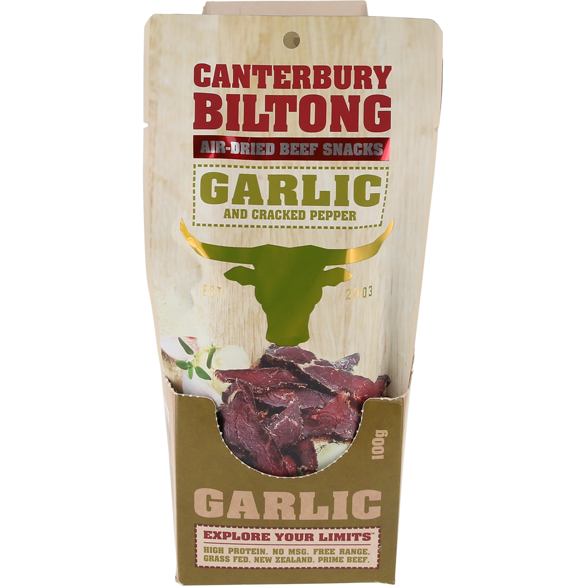 Canterbury Biltong Grass Fed Garlic & Cracked Pepper 10x100g
